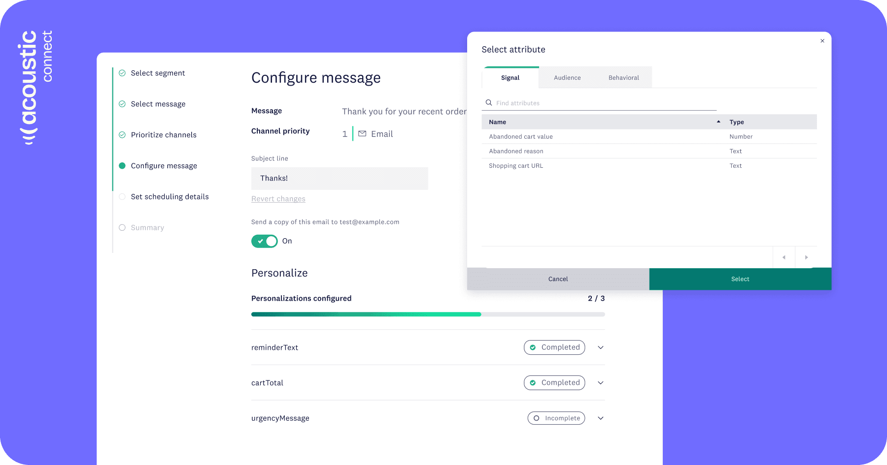 Configuration interface for Acoustic Connect, showcasing message setup and personalization options with a user-friendly layout.