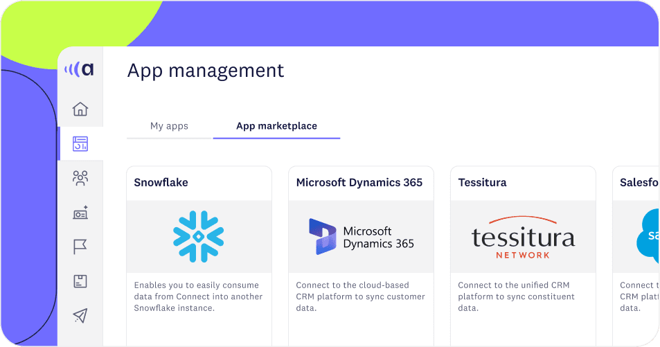Browsing integrations including Snowflake, Microsoft Dynamics 365, and Tessitura in the app marketplace