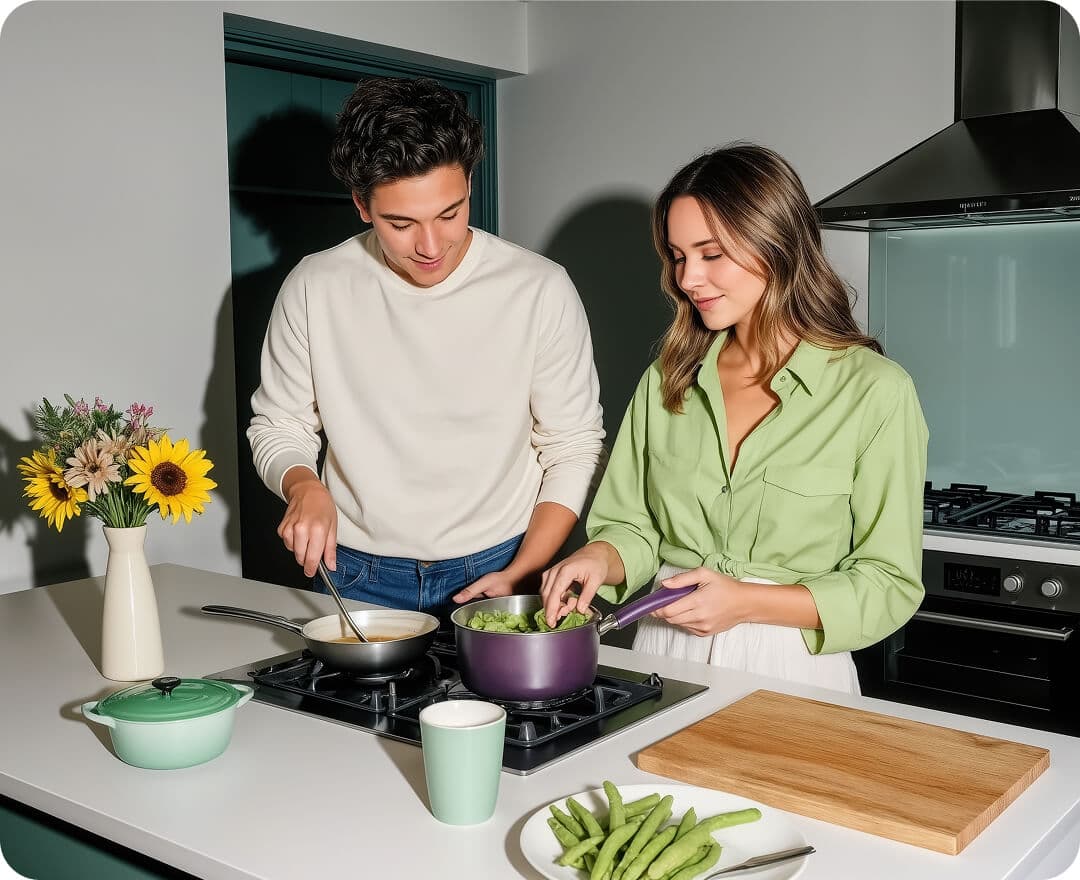 Two people cooking together in a modern kitchen, preparing food on a stovetop and countertop.