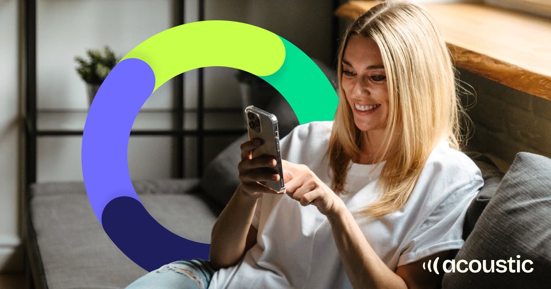 Woman engaging with smartphone showing customer lifecycle connection - Acoustic