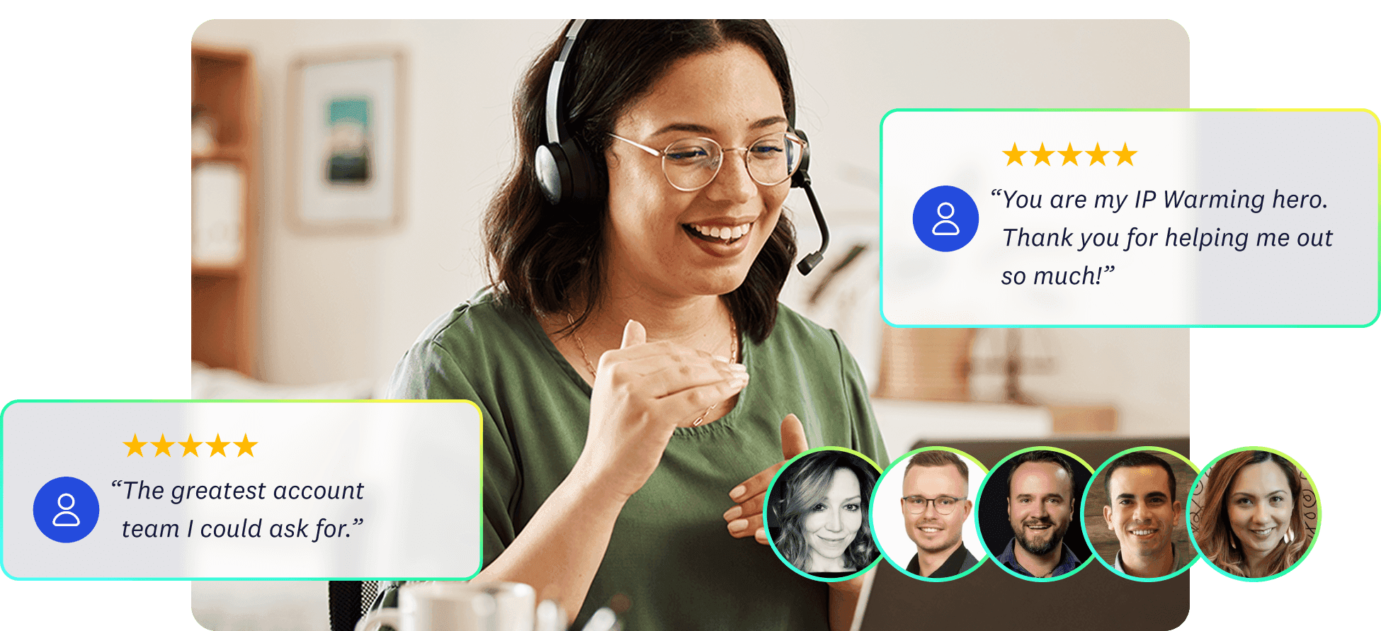 A customer support agent wearing a headset smiles. Testimonials with star ratings and team member photos surround the agent.