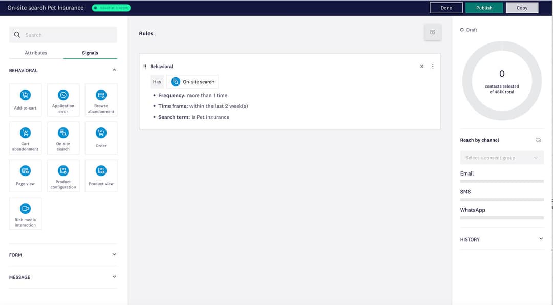 Dashboard showing behavioral rule for on-site pet insurance search with targeting options.