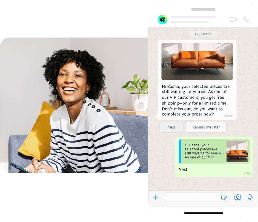 Woman reading WhatsApp cart reminder message with furniture product image and limited-time shipping offer.