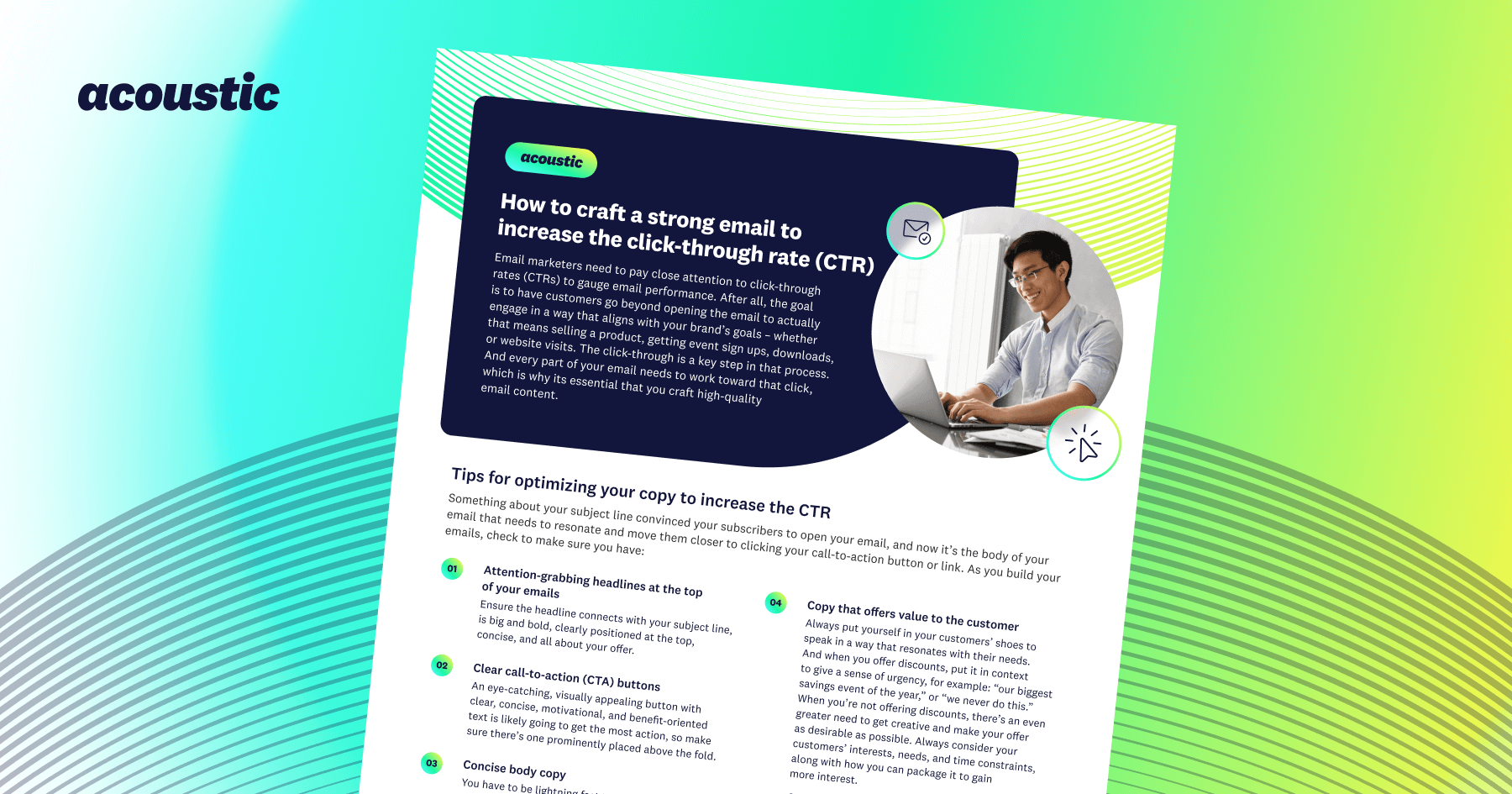 Teal gradient graphic with a 'How to craft a strong email to increase the click-through rate' PDF page and a man in a circular frame