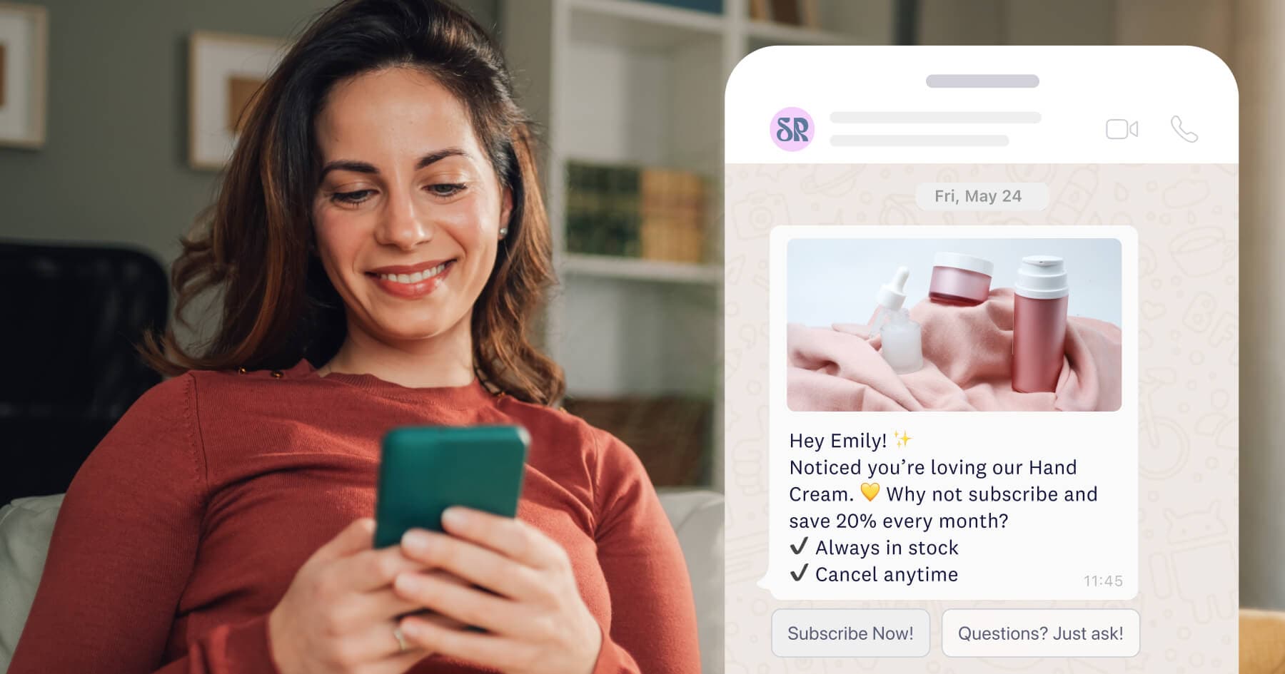Woman on her phone with a WhatsApp message about subscribing to a hand cream product with monthly and annual options.