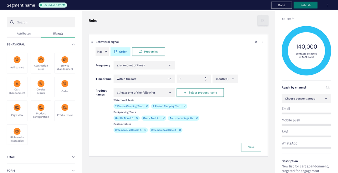 Segmentation UI screen to configure filters for product names and recent activity.