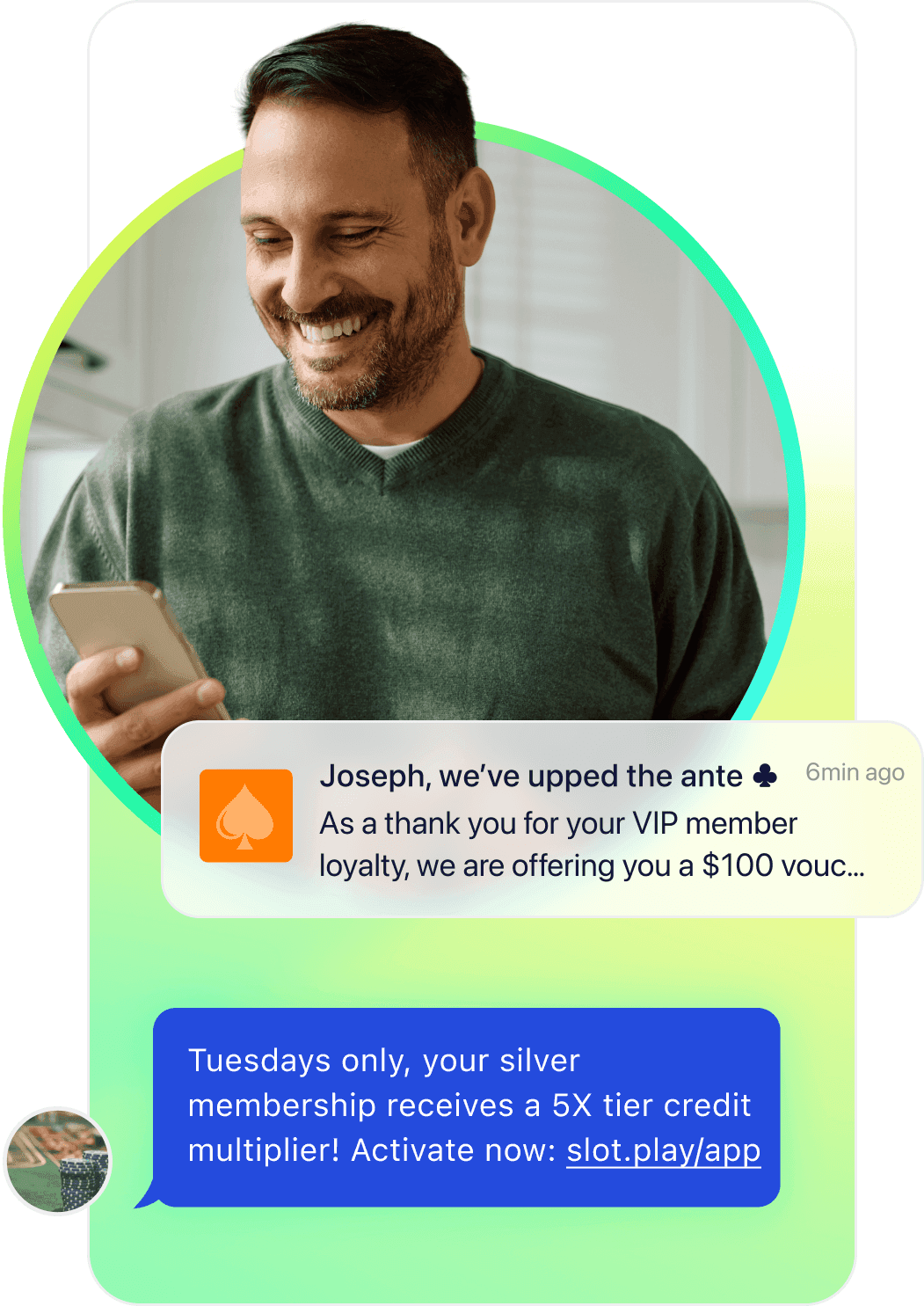 A smiling man reads messages on his phone, offering a $100 voucher and a 5X tier credit multiplier for being a member.