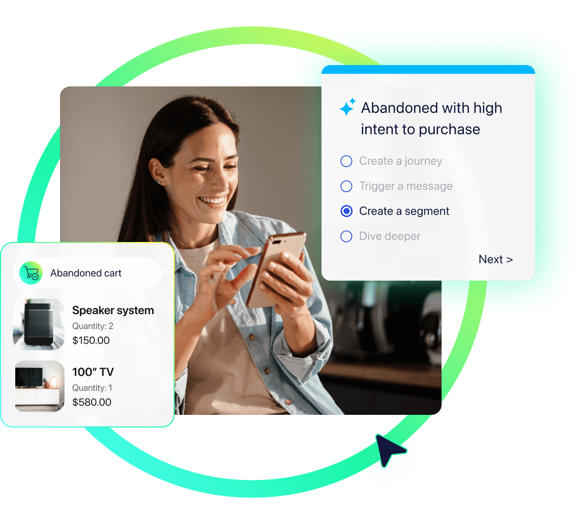 A woman on her smartphone with overlays showing her abandoned cart and AI-powered recommendations that include segment creation.