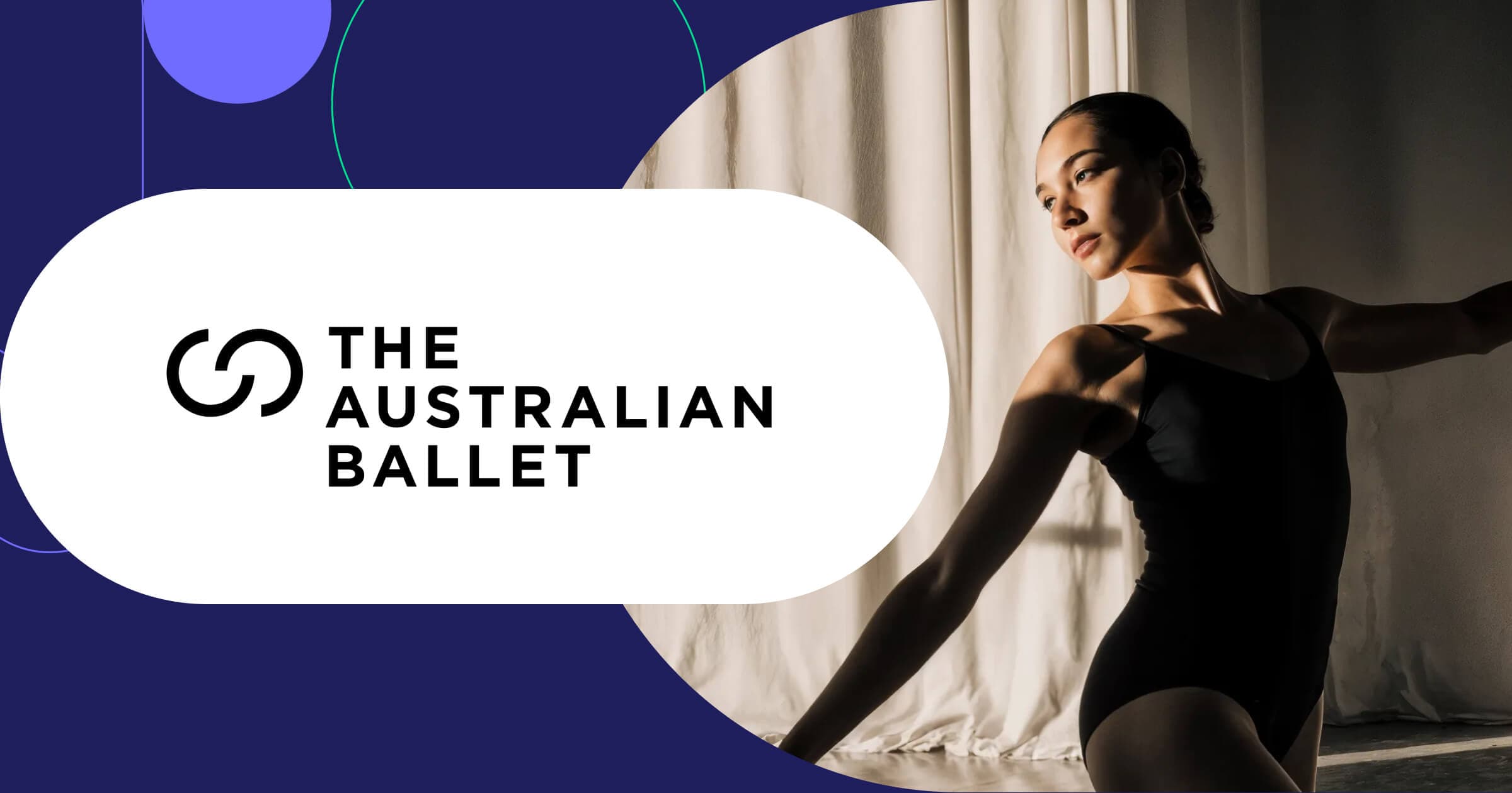 Australian Ballet logo with graceful dancer performing elegant classical ballet pose in natural window lighting
