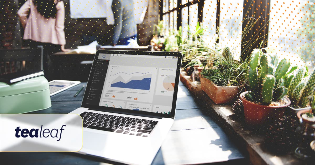 Tealeaf by Acoustic branded image of a laptop displaying analytics charts on a desk surrounded by potted plants.