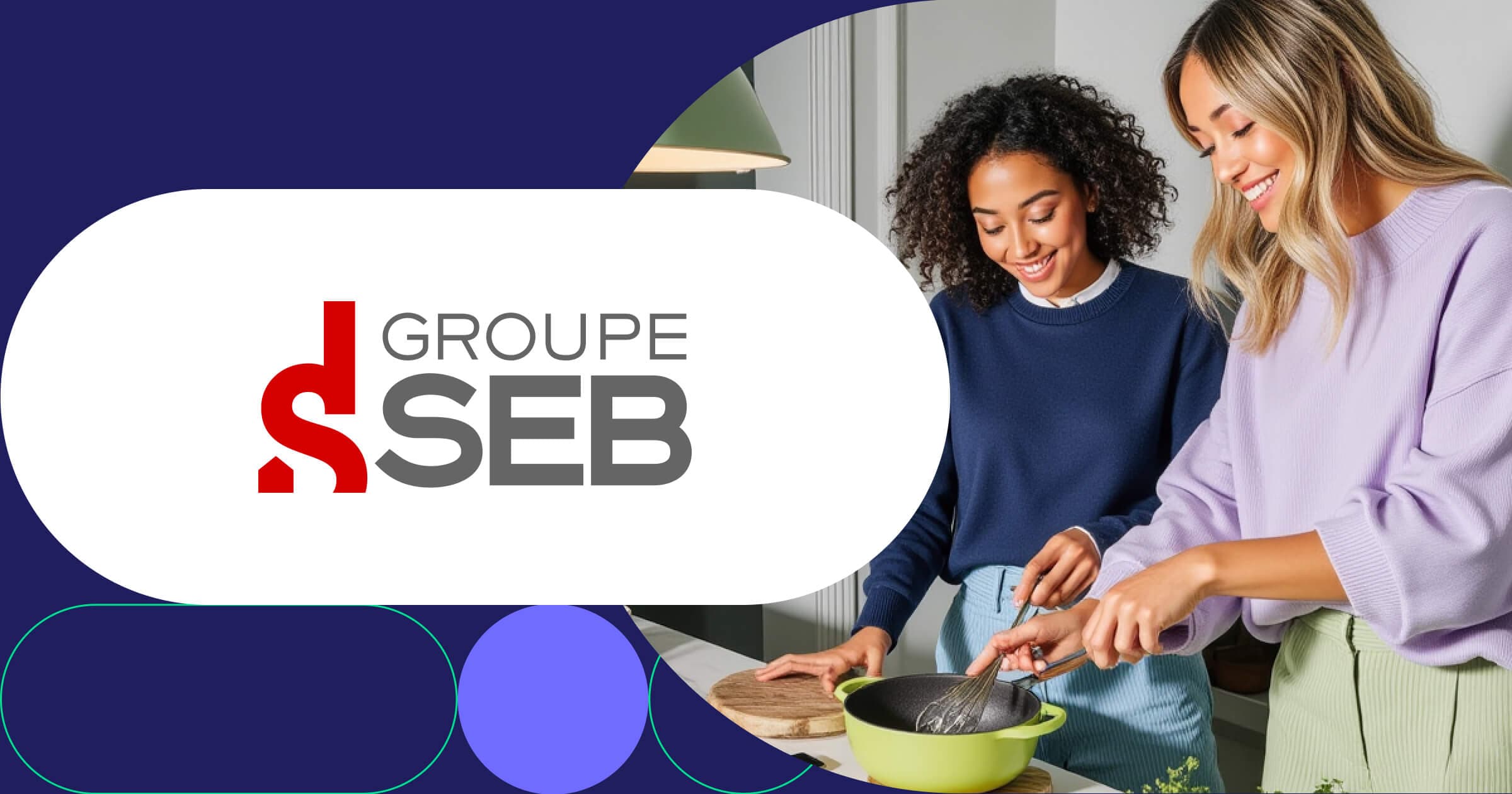 Groupe SEB logo with two women cooking together using quality kitchenware in bright modern kitchen