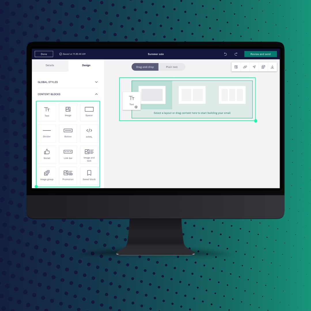 A computer screen that shows the Acoustic Campaign composer for email solution. Image is set against a textured background that fades from navy to green.