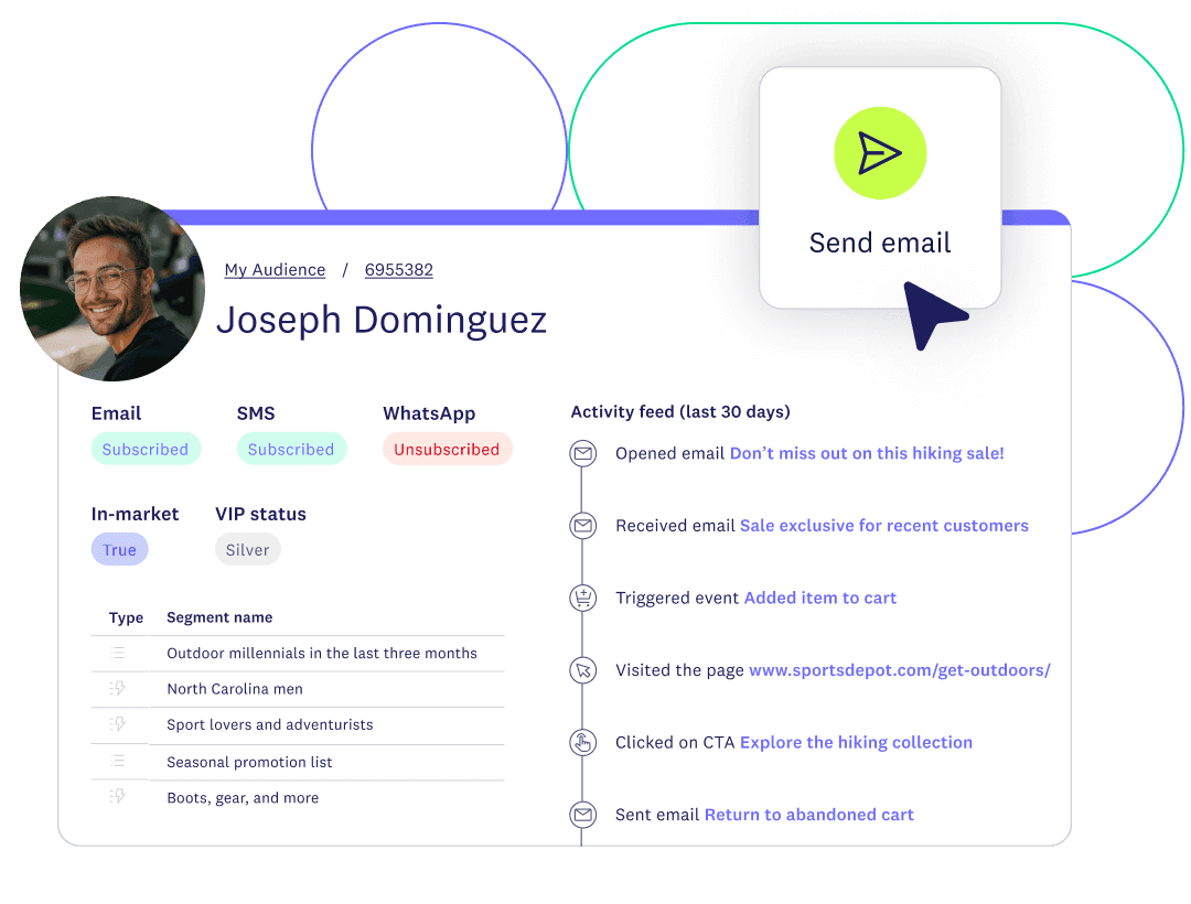 Customer profile for Joseph Dominguez showing subscriptions, VIP status, recent actions, and a "Send email" button.