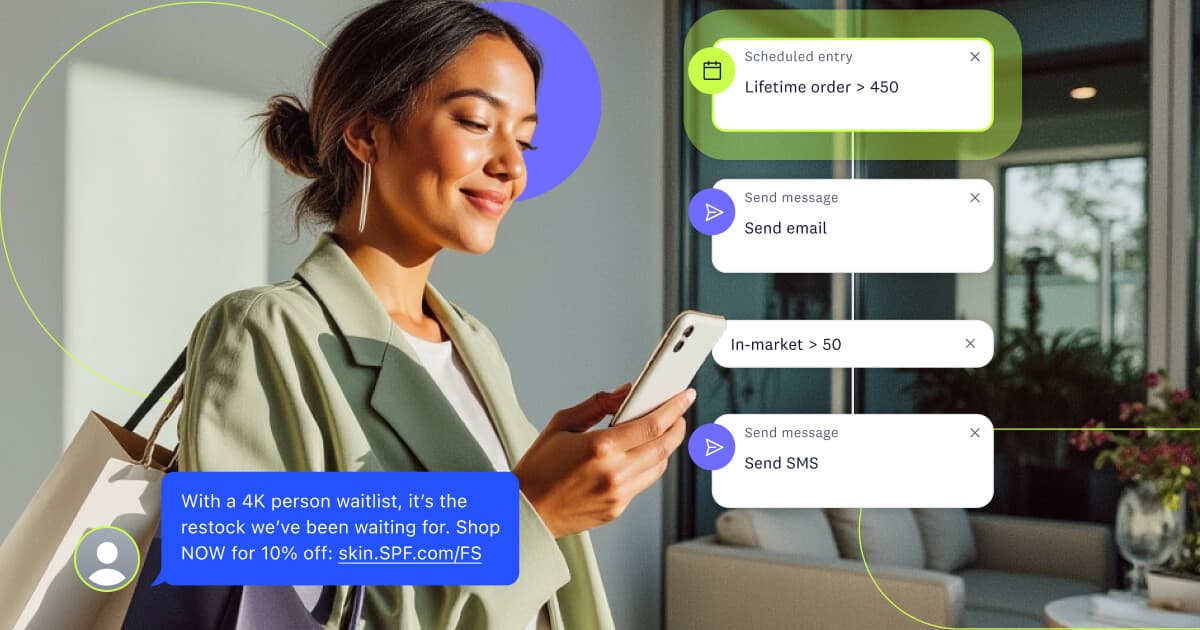Woman in a green top smiling and holding her phone, with floating app message-preview cards