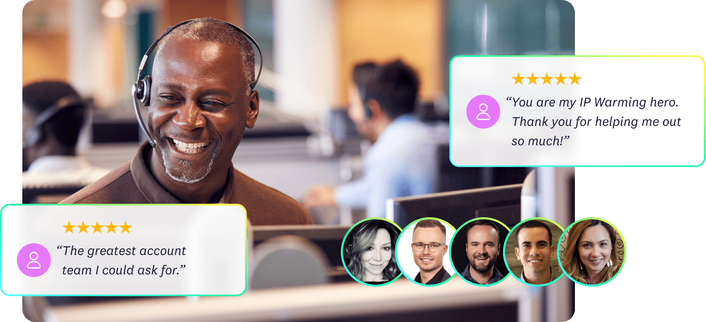 A smiling support rep in a call center with two five-star customer testimonials and a row of team member headshots.