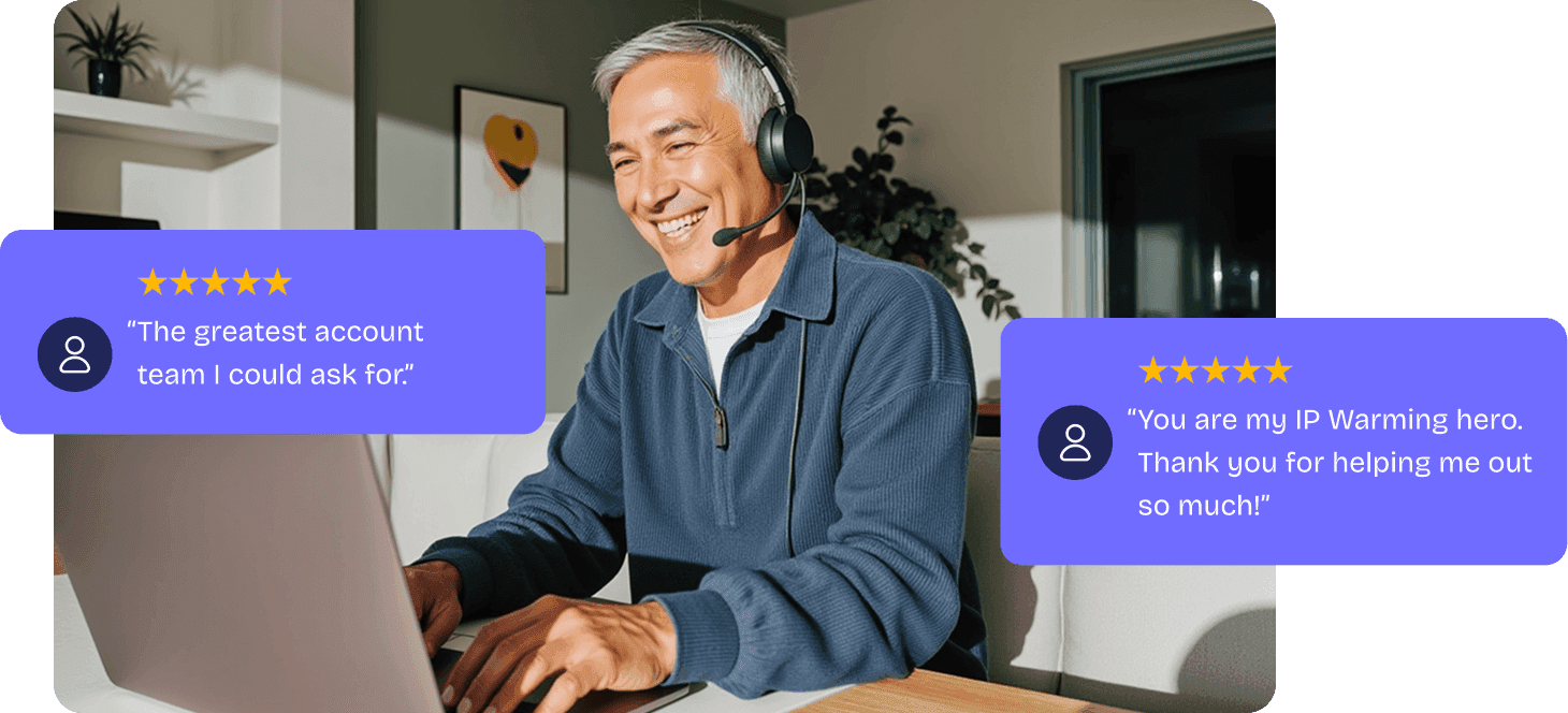 Support representative on a laptop with headset, shown alongside five-star customer review callouts.