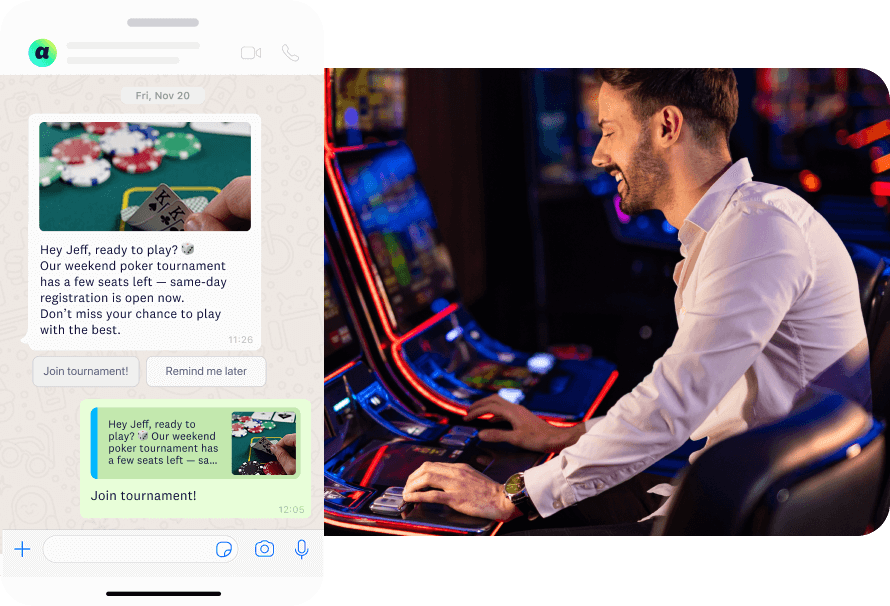 Man playing slots receives a WhatsApp reminder to join a same-day poker tournament with limited seats.