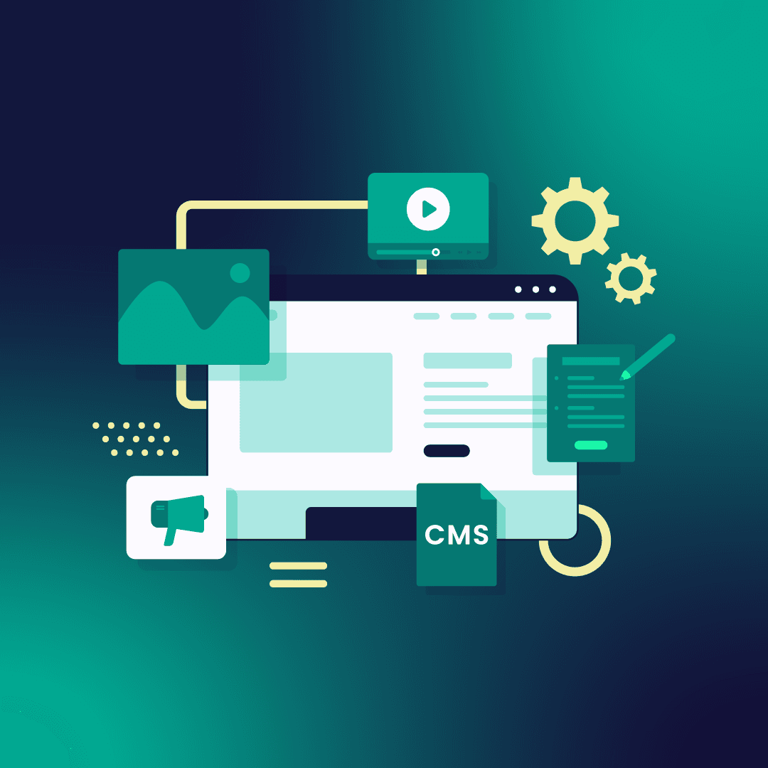 Navy and green gradient background with picture, video, written content, and web page icons to represent a headless CMS.