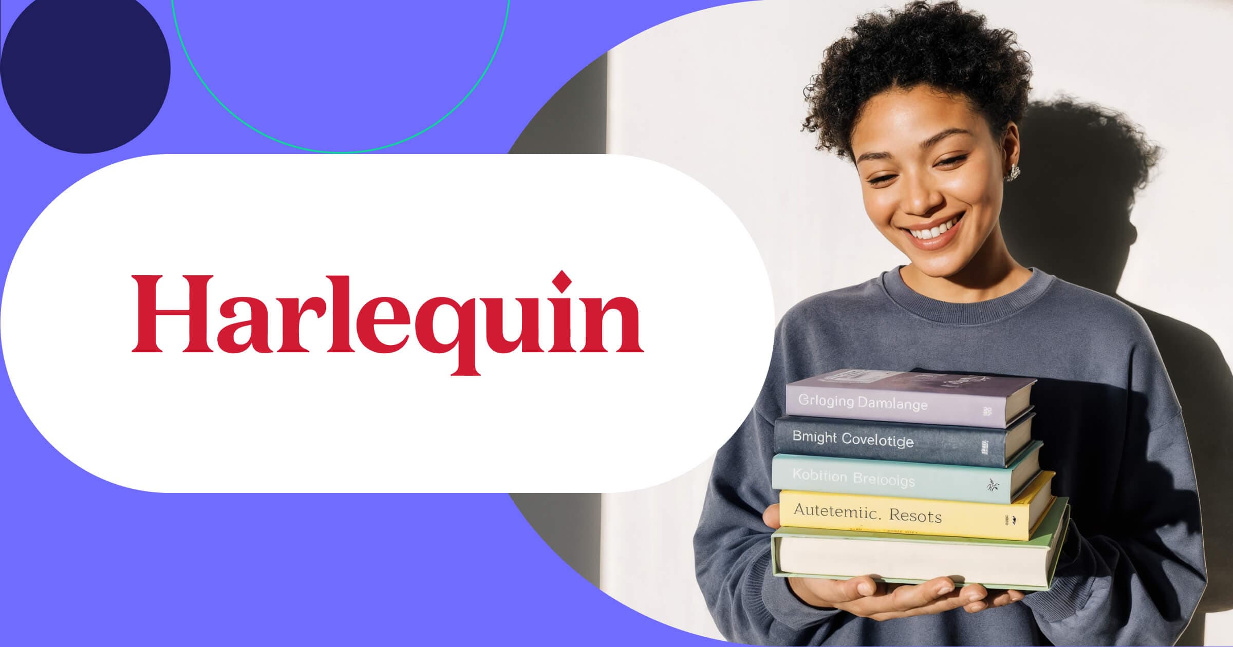 Harlequin logo with smiling reader holding stack of romance novels and contemporary fiction books