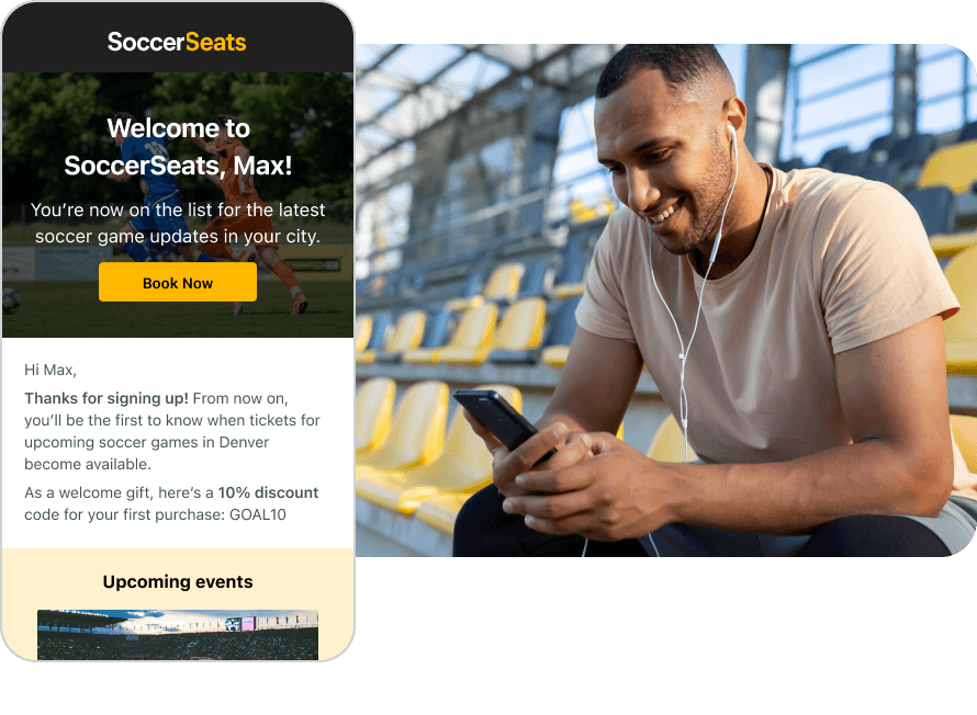Welcome email from SoccerSeats with discount offer, shown next to man smiling at phone in stadium seats.