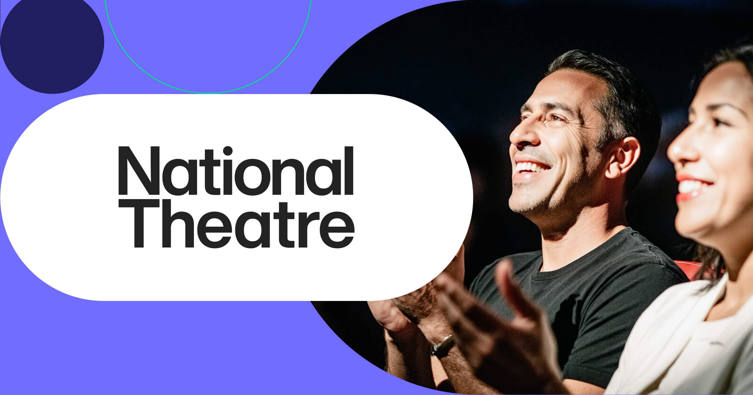 National Theatre logo with engaged audience members applauding during live theatrical performance