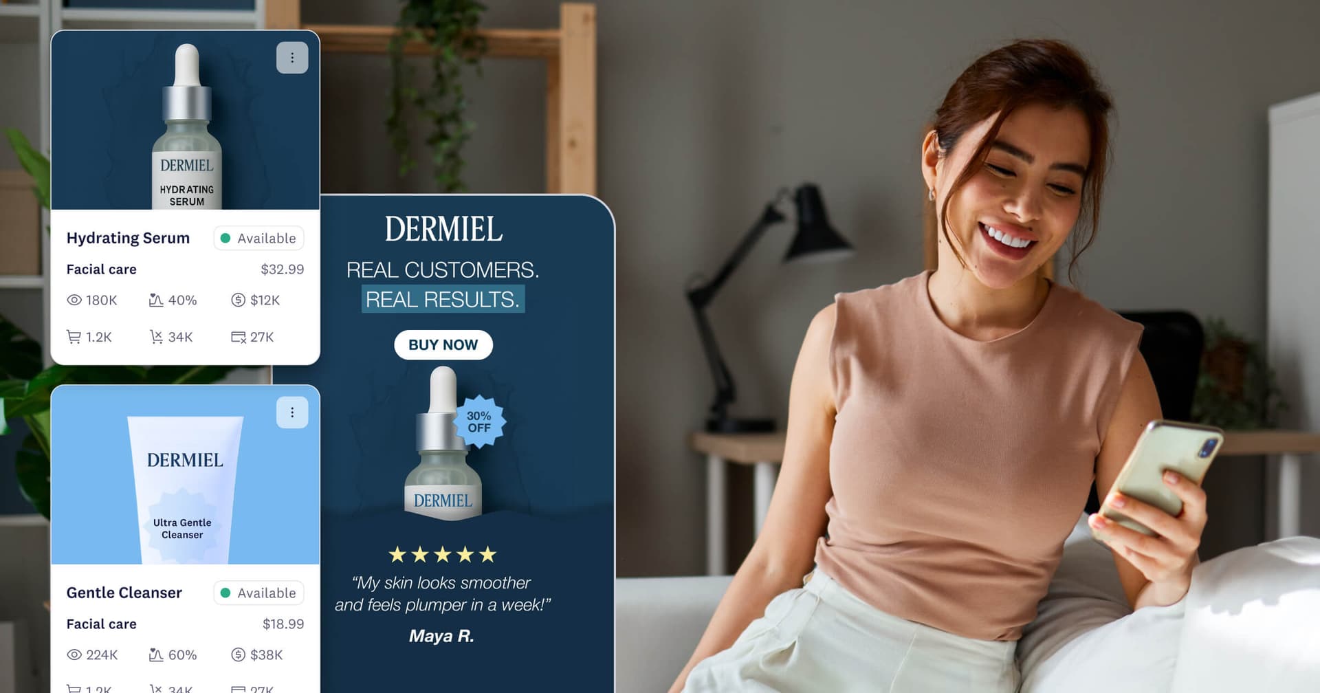 Woman smiling at phone next to skincare email overlayed by product catalog cards showing performance
