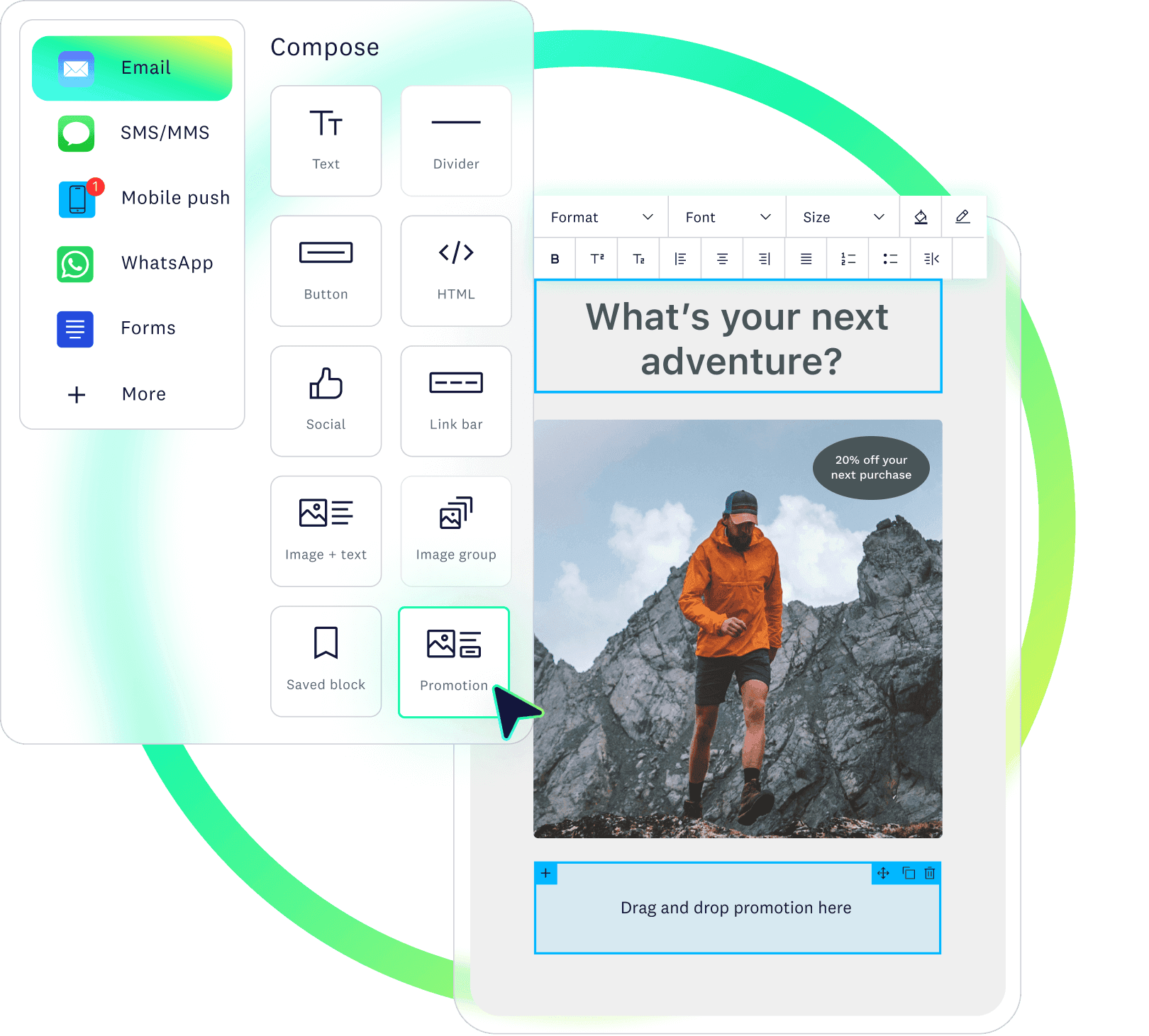 Drag-and-drop editor featuring composing options and marketing channels alongside a hiking-themed promotion.