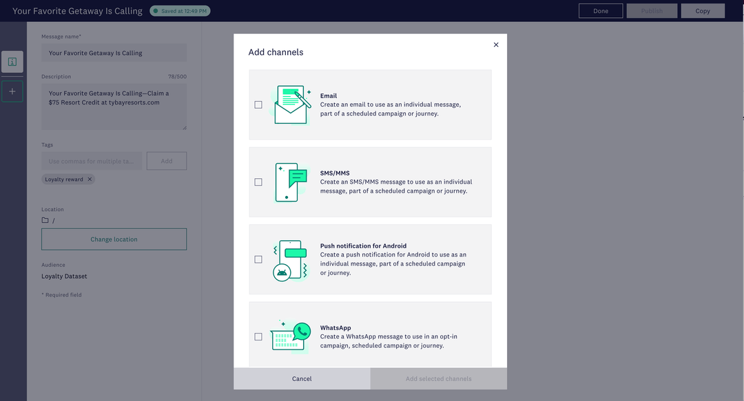 Automation workflow builder in Acoustic Connect for cross-channel loyalty messaging.