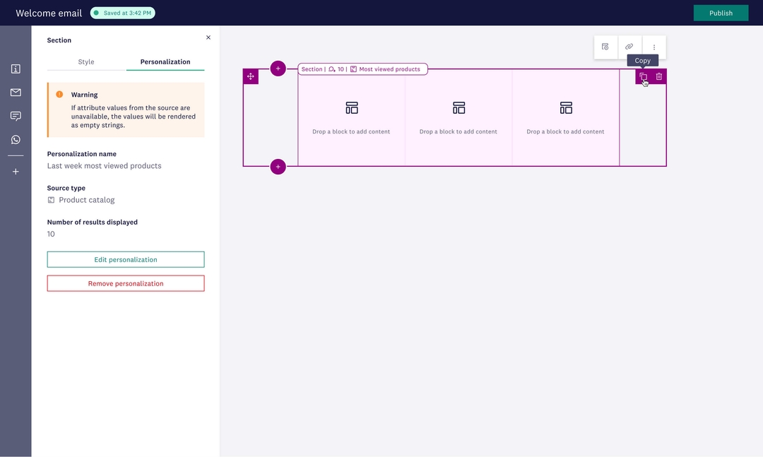 Personalization editor showing product blocks based on most viewed products for dynamic welcome email content.