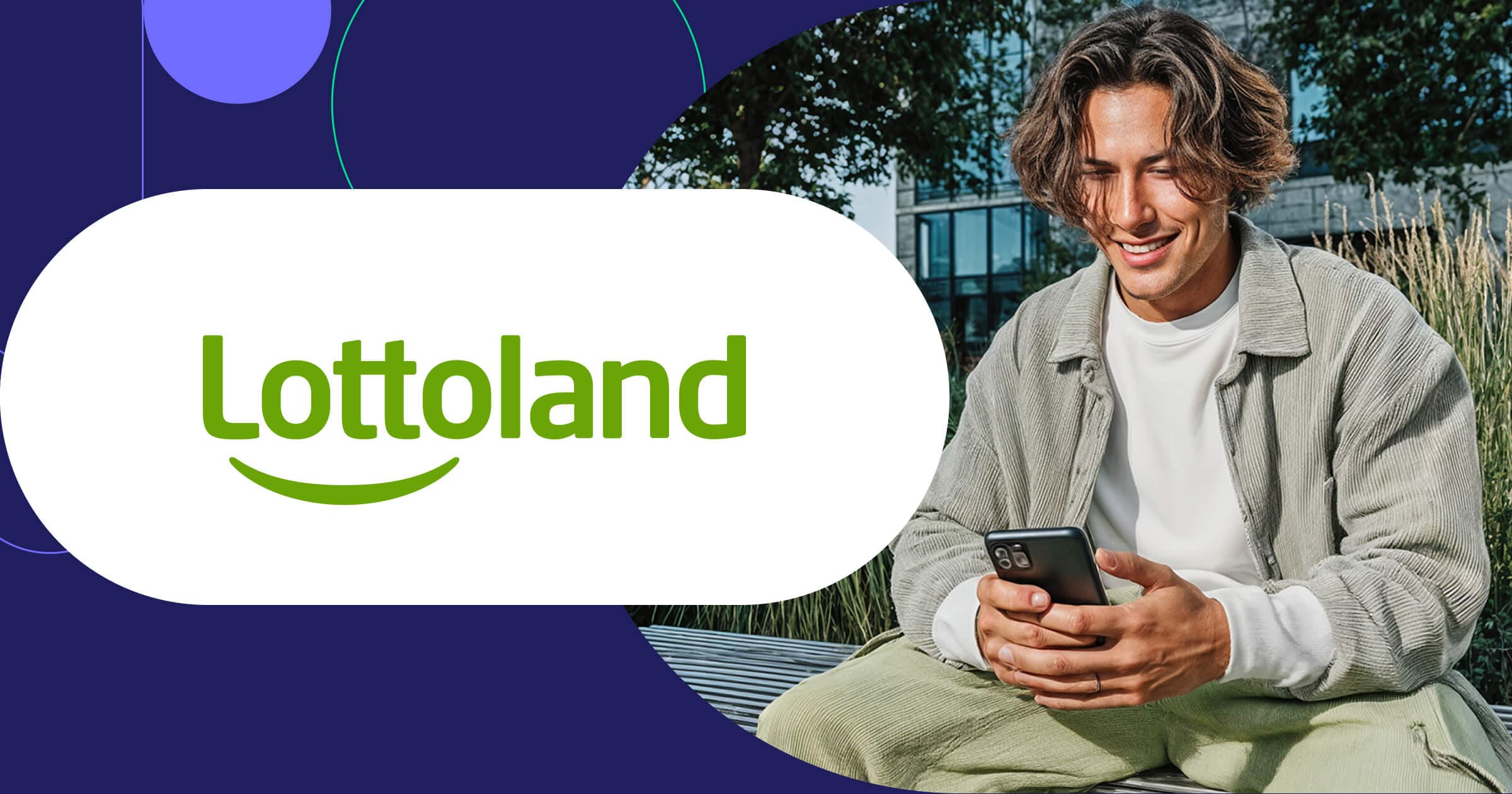 Lottoland logo with man checking lottery numbers on mobile phone while relaxing outdoors in sunny park