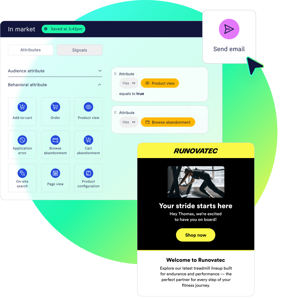 Triggered email for Runovatec based on product view and browse abandonment behavior.