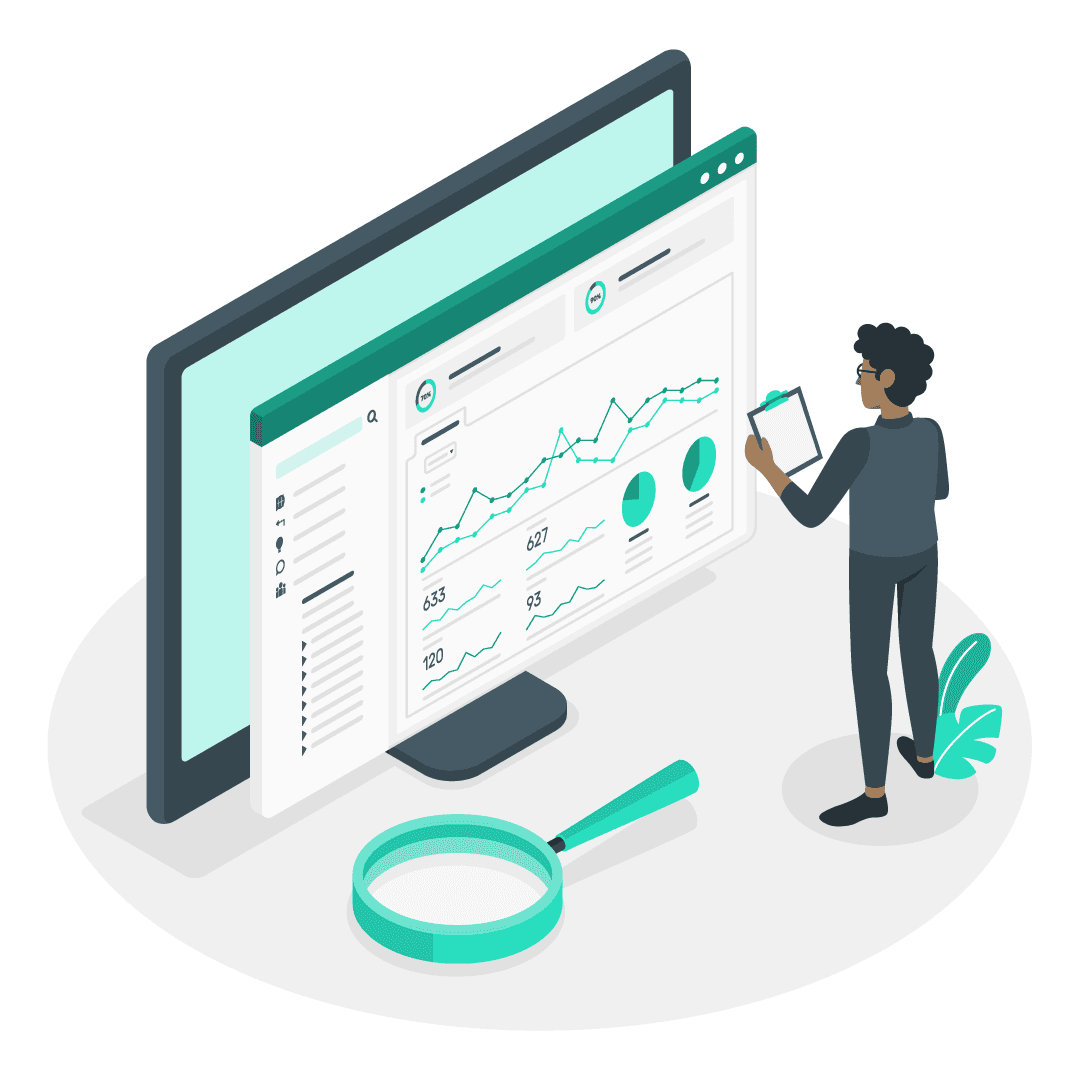 Graphic of a person standing in front of a computer screen evaluating website metrics. Line graphs and pie charts are depicted.