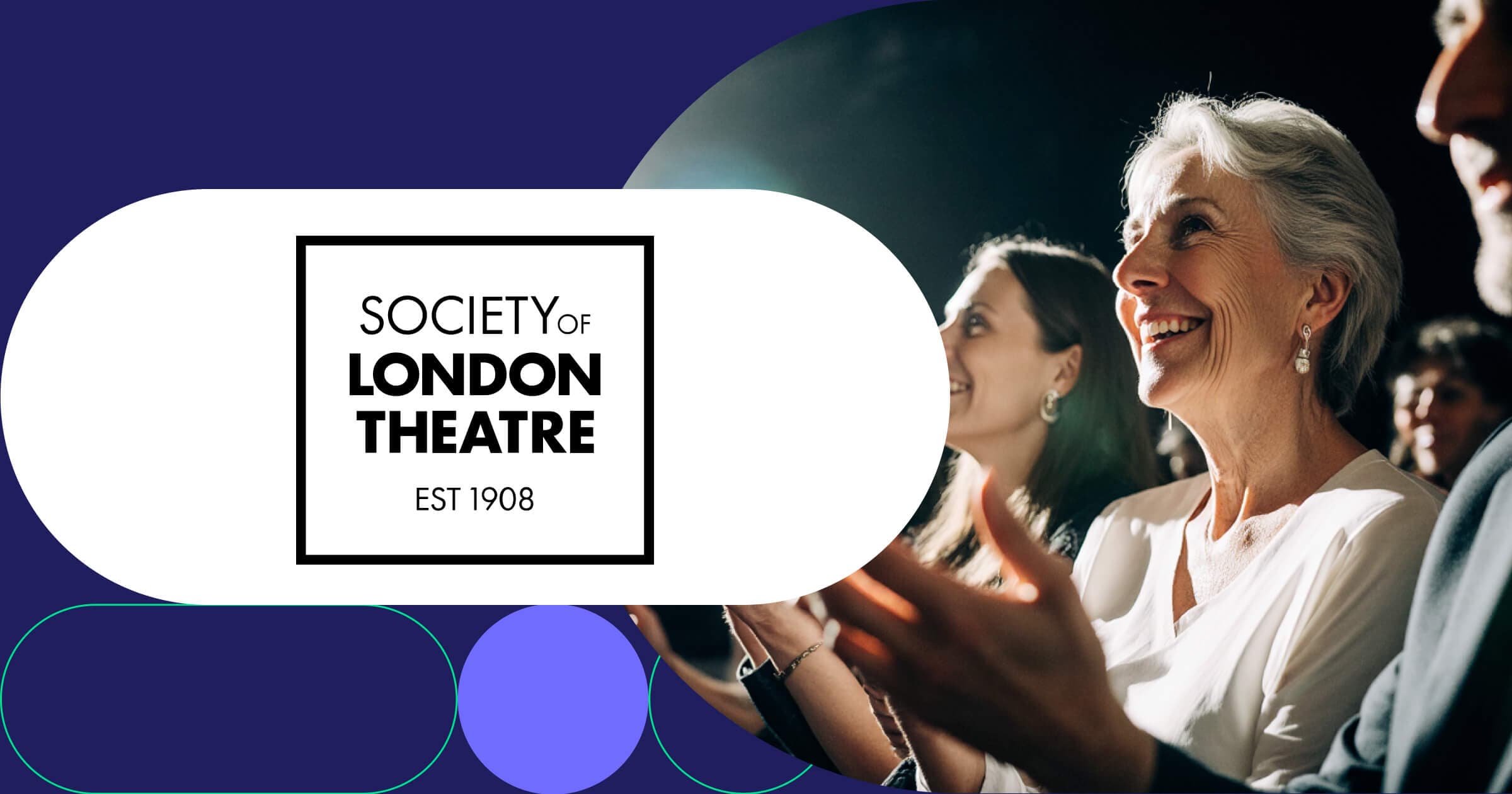 Society of London Theatre logo with enthusiastic audience applauding during West End theatrical performance