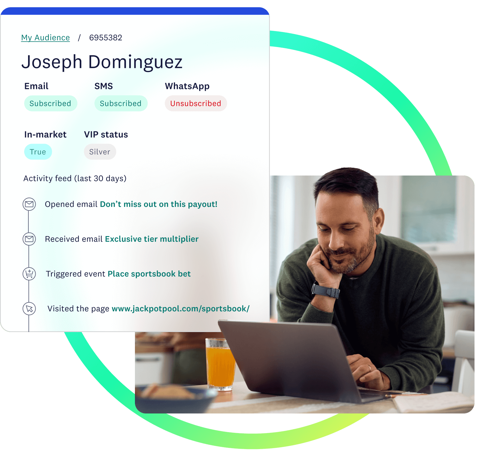 Customer profile in Acoustic Connect shows Joseph Dominguez's activity and subscriptions. On the side, he works on a laptop.