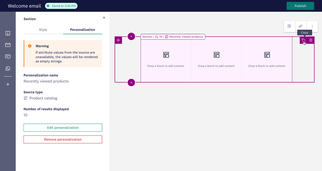 Click-and-drag content studio screen, showing how to personalize an email with recently viewed products.