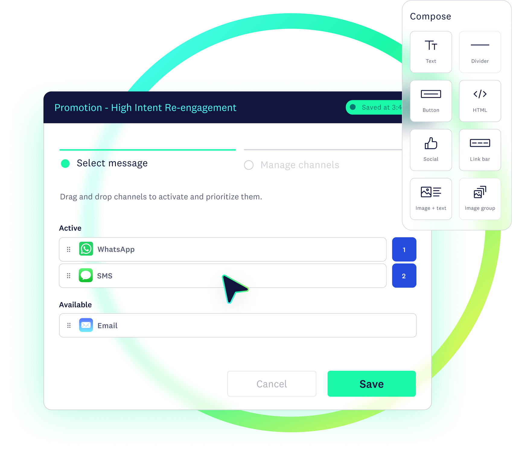 User composing a message while selecting WhatsApp and SMS as preferred channels instead of email.