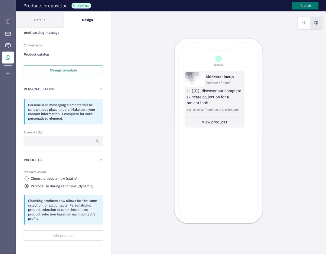 Product message builder interface showing WhatsApp template preview for skincare catalog with personalization options.