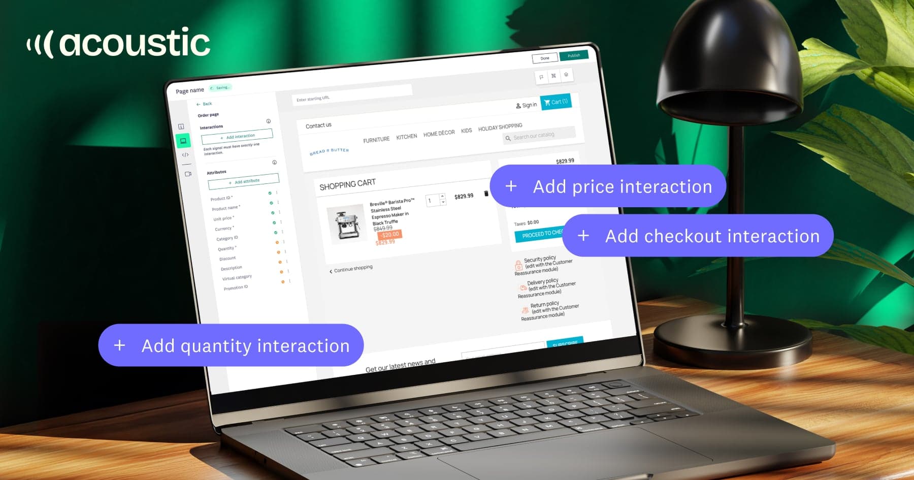 Behavioral marketing interface showing customer interaction tracking for e-commerce shopping cart with quantity, price, and checkout interactions - Acoustic