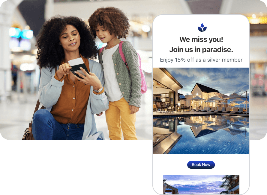 Smiling mom and daughter walking through an airport receiving a customer loyalty travel email for 15% off their next visit.