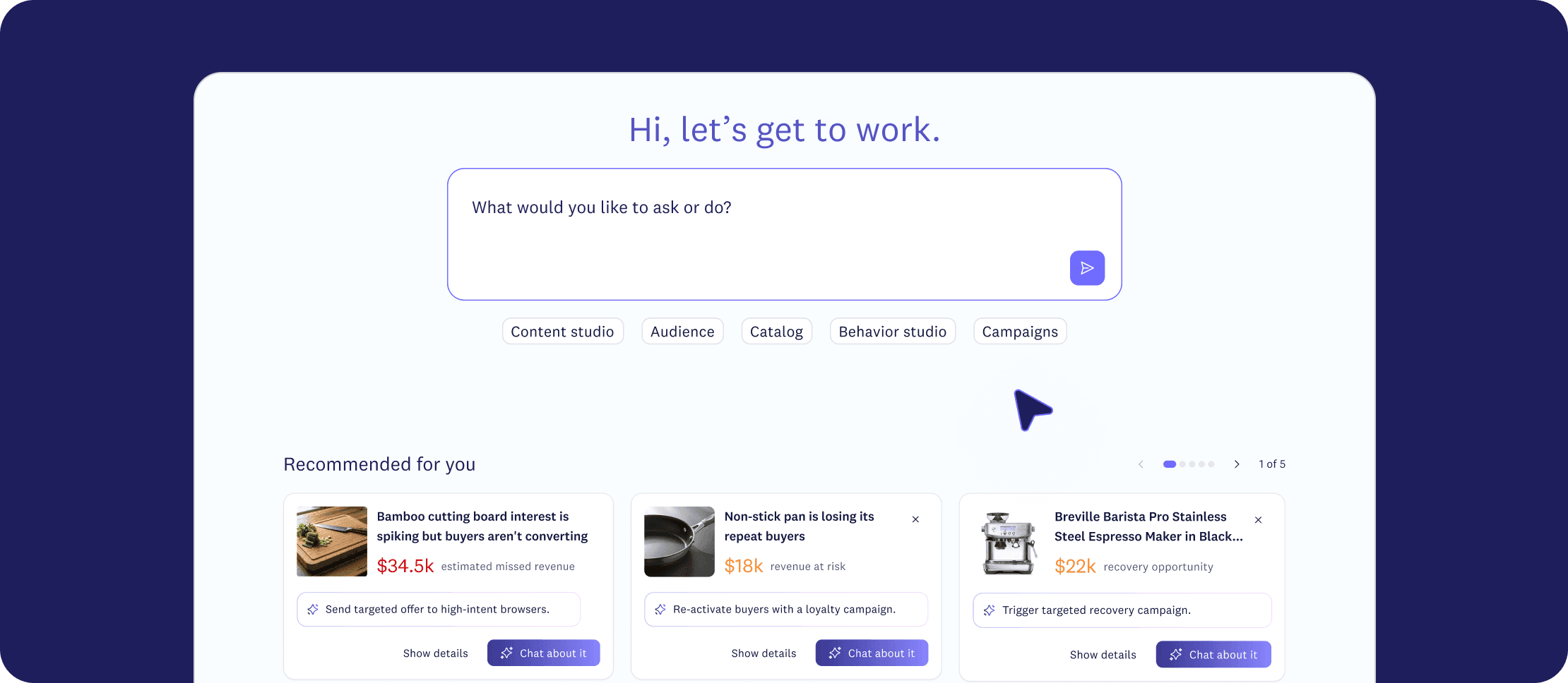 Acoustic AI homepage with an ask box and three recommendation cards, each pairing revenue at stake with a next step.