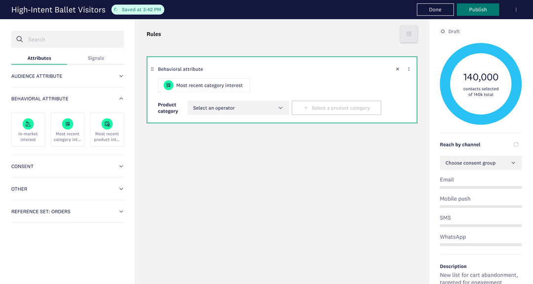 Segmentation product screen, showing behavioral attributes used to segment an audience in Acoustic Connect.