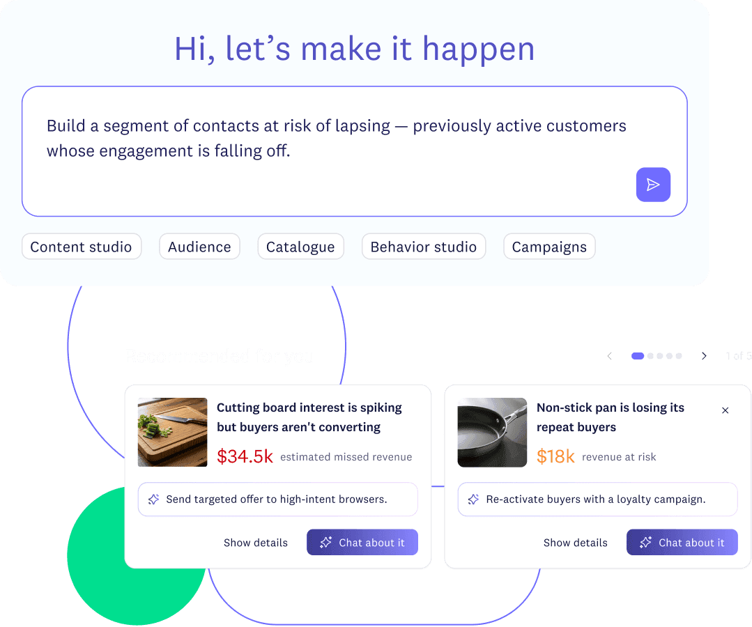 Conversation panel with a segment-building request typed in, above two recommendation cards.
