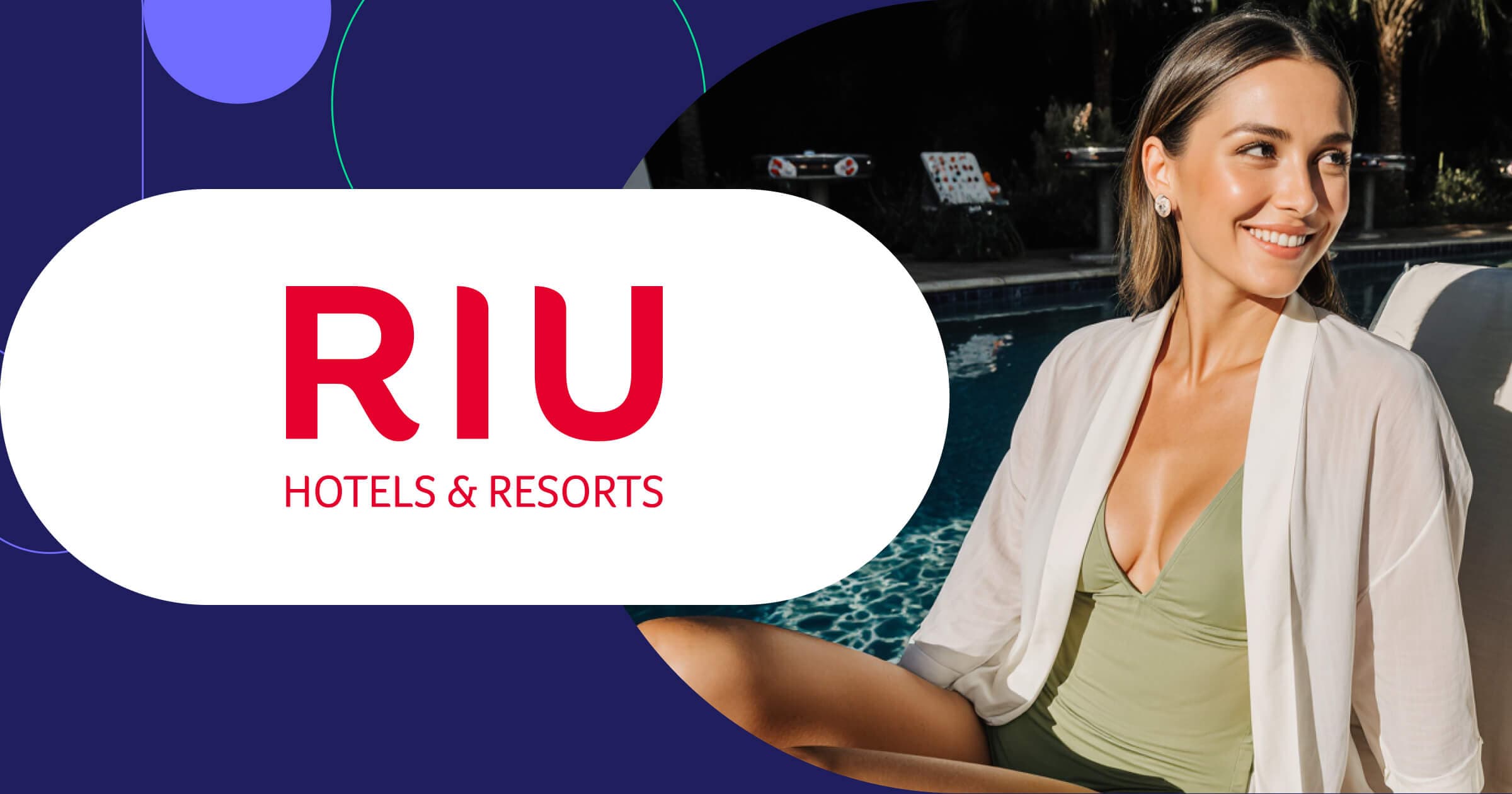 RIU Hotels & Resorts logo with relaxed guest enjoying luxury poolside experience at tropical resort destination
