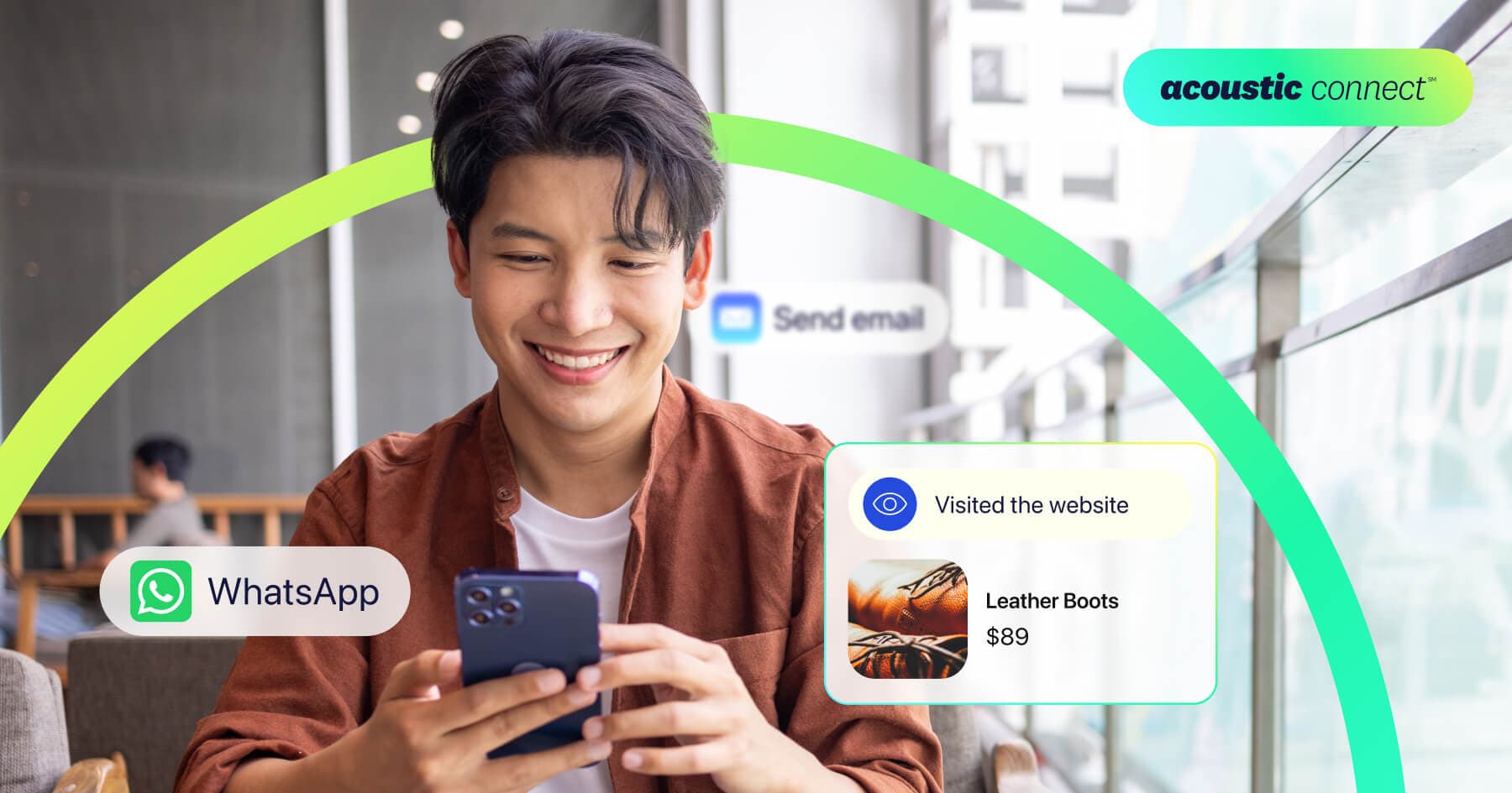 Young man smiling at his phone, with WhatsApp, 'Send email' and a 'Leather Boots' product overlay