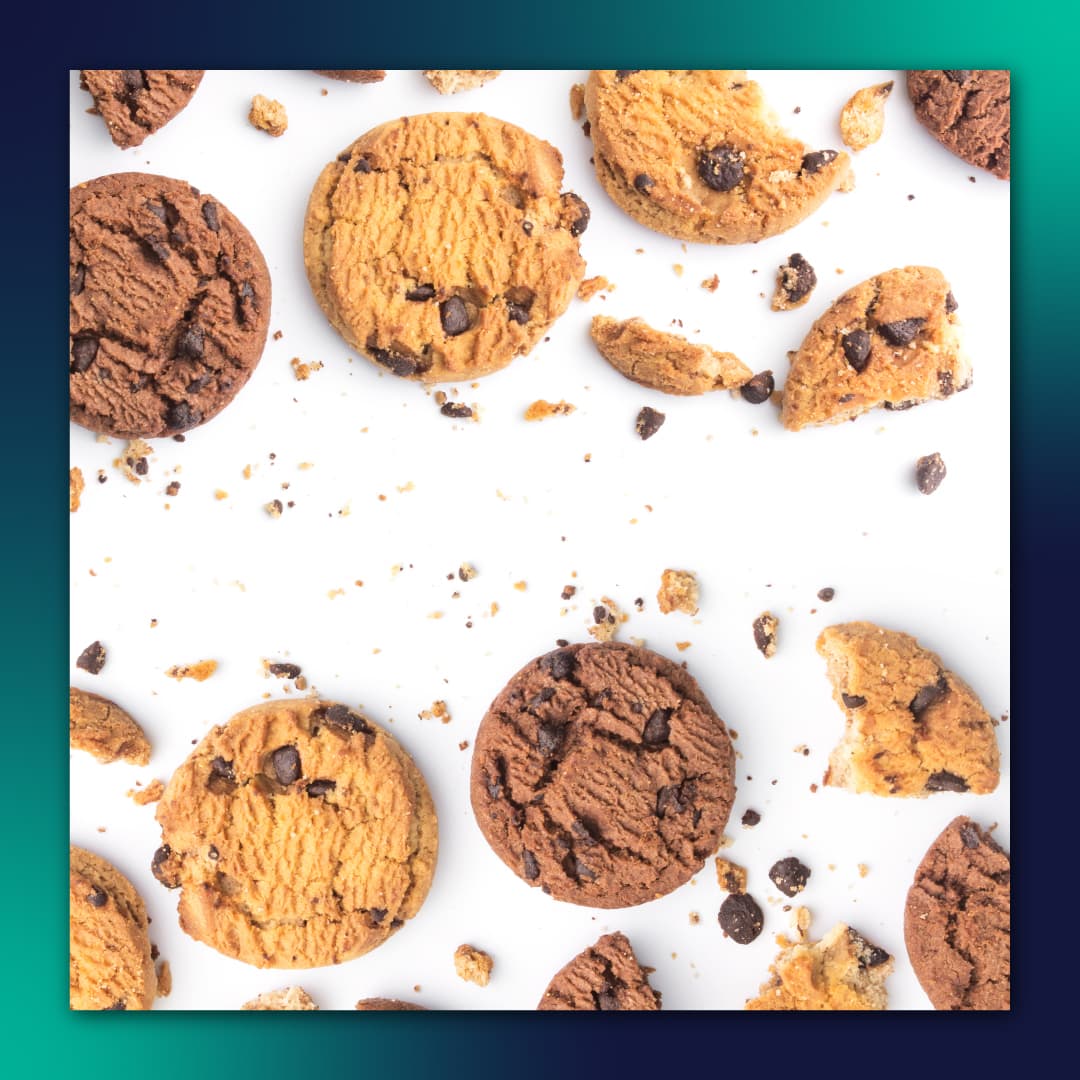 Crumbled cookies on a white background with a green and navy border.