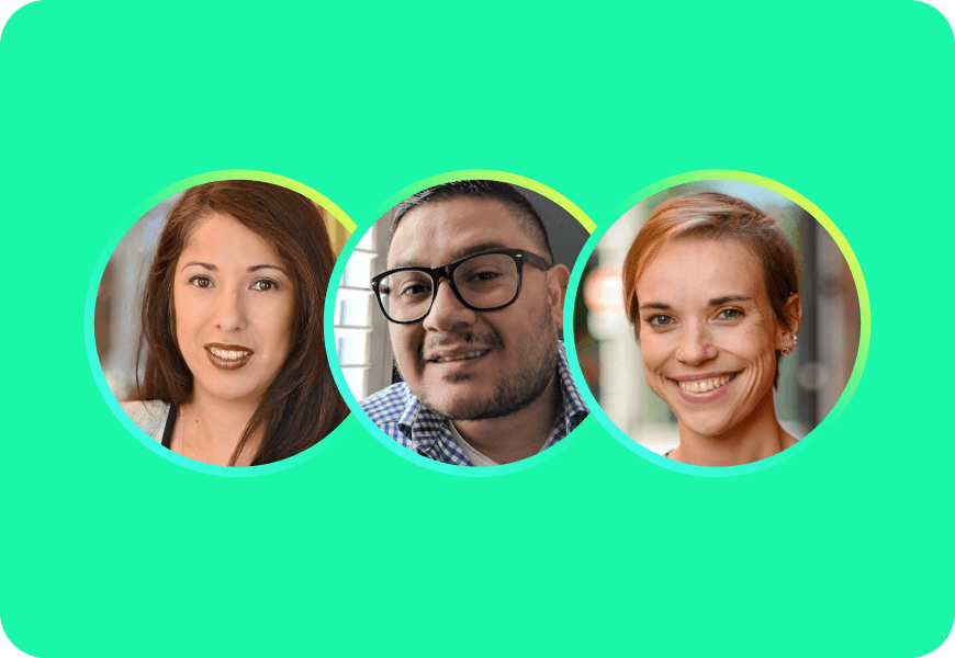 A group photo of three smiling individuals in circular frames against a green background, representing a team.