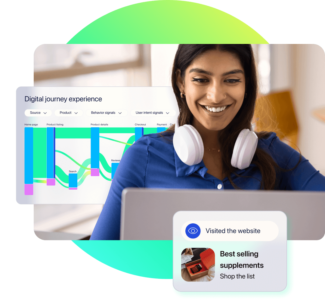 A woman on her laptop with overlays showing her digital journey experience and that she visited the website for supplements.