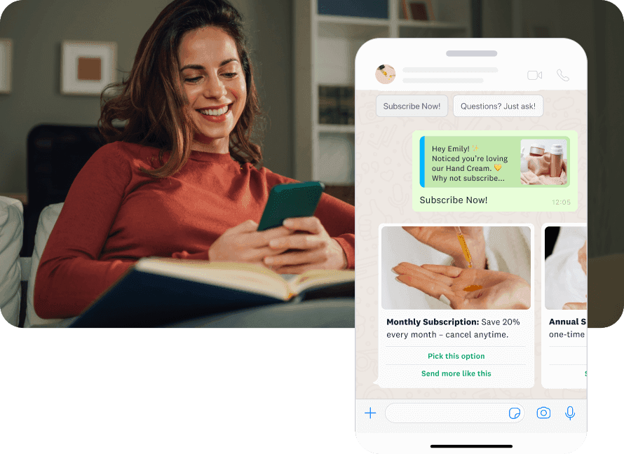Woman smiling at phone while reading a WhatsApp message recommending a hand cream subscription with discount offer.