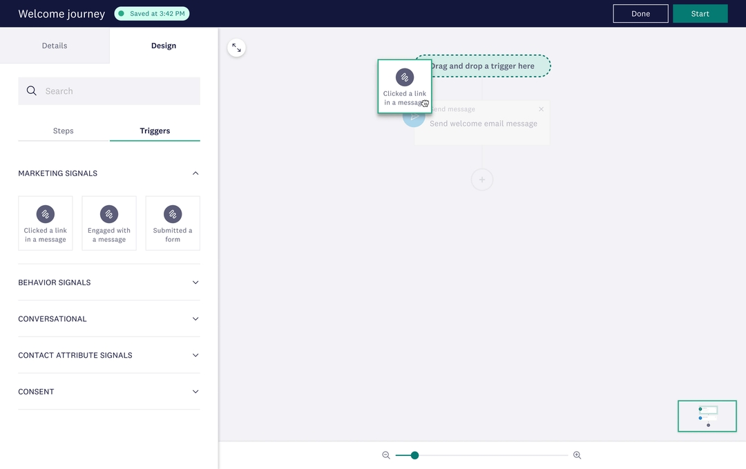 Drag-and-drop interface showing a trigger being added to a welcome journey in Acoustic Connect.