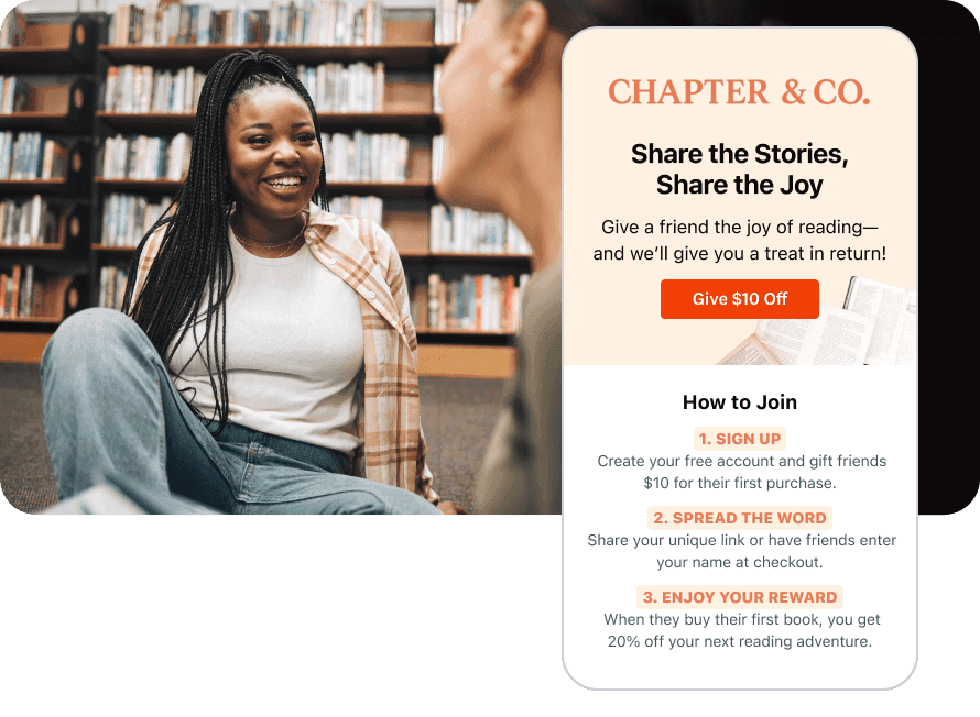 Smiling woman in a library next to a promo from Chapter & Co. offering $10 off when referring a friend to sign up.